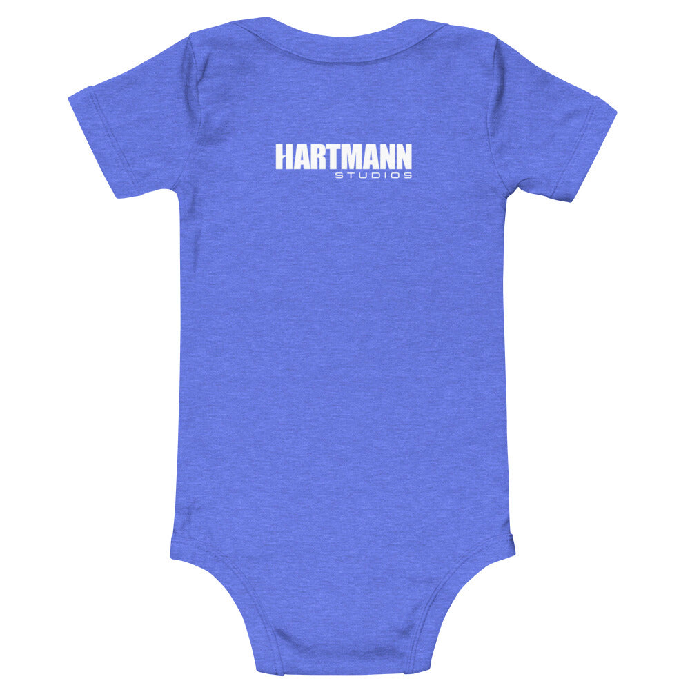 Baby short sleeve one piece with color H logo on front and white text logo on back