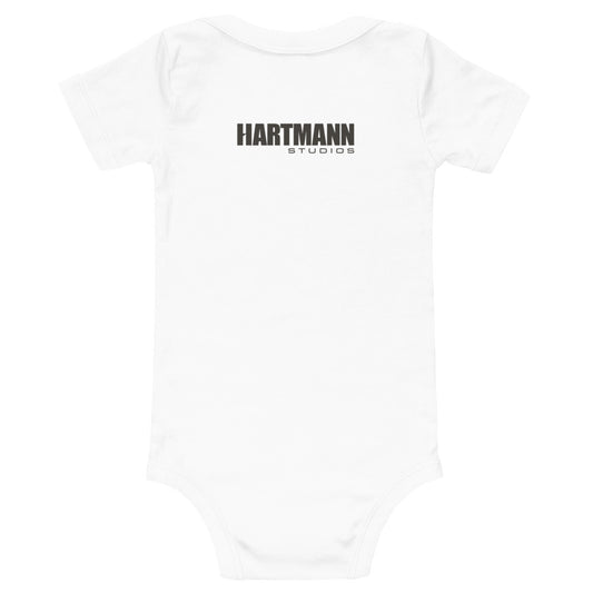 Baby short sleeve one piece with color H logo on front and black text logo on back