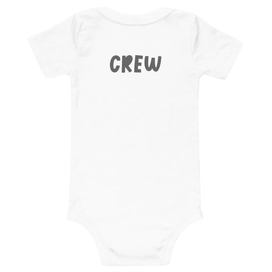Baby short sleeve one piece with color H logo on front and grey CREW text on back