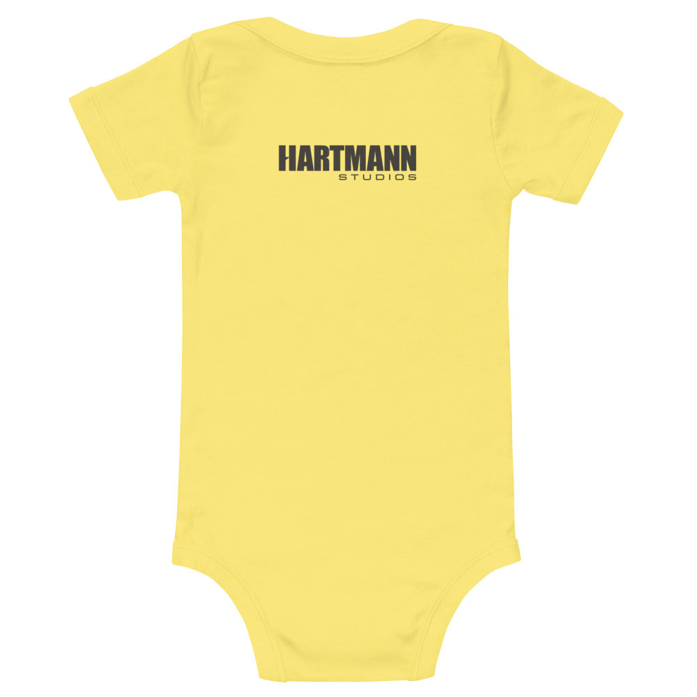 Baby short sleeve one piece with color H logo on front and black text logo on back