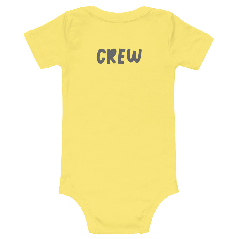Baby short sleeve one piece with color H logo on front and grey CREW text on back