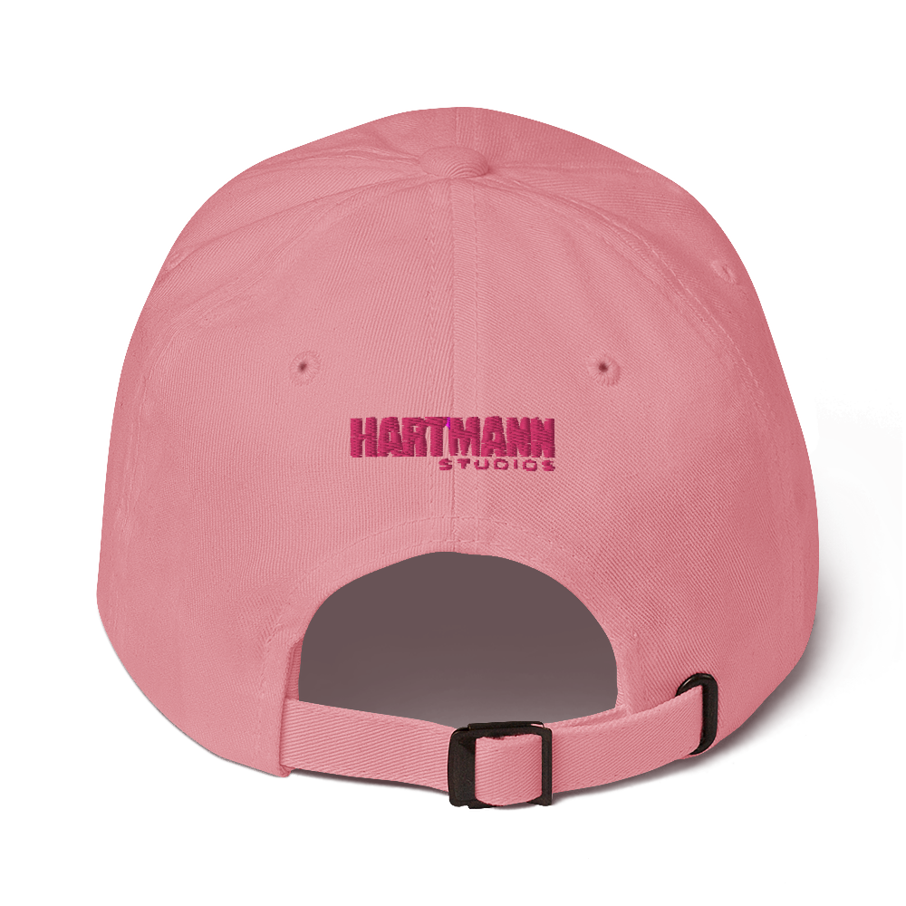 Dad hat with pink H logo and pink text logo on back