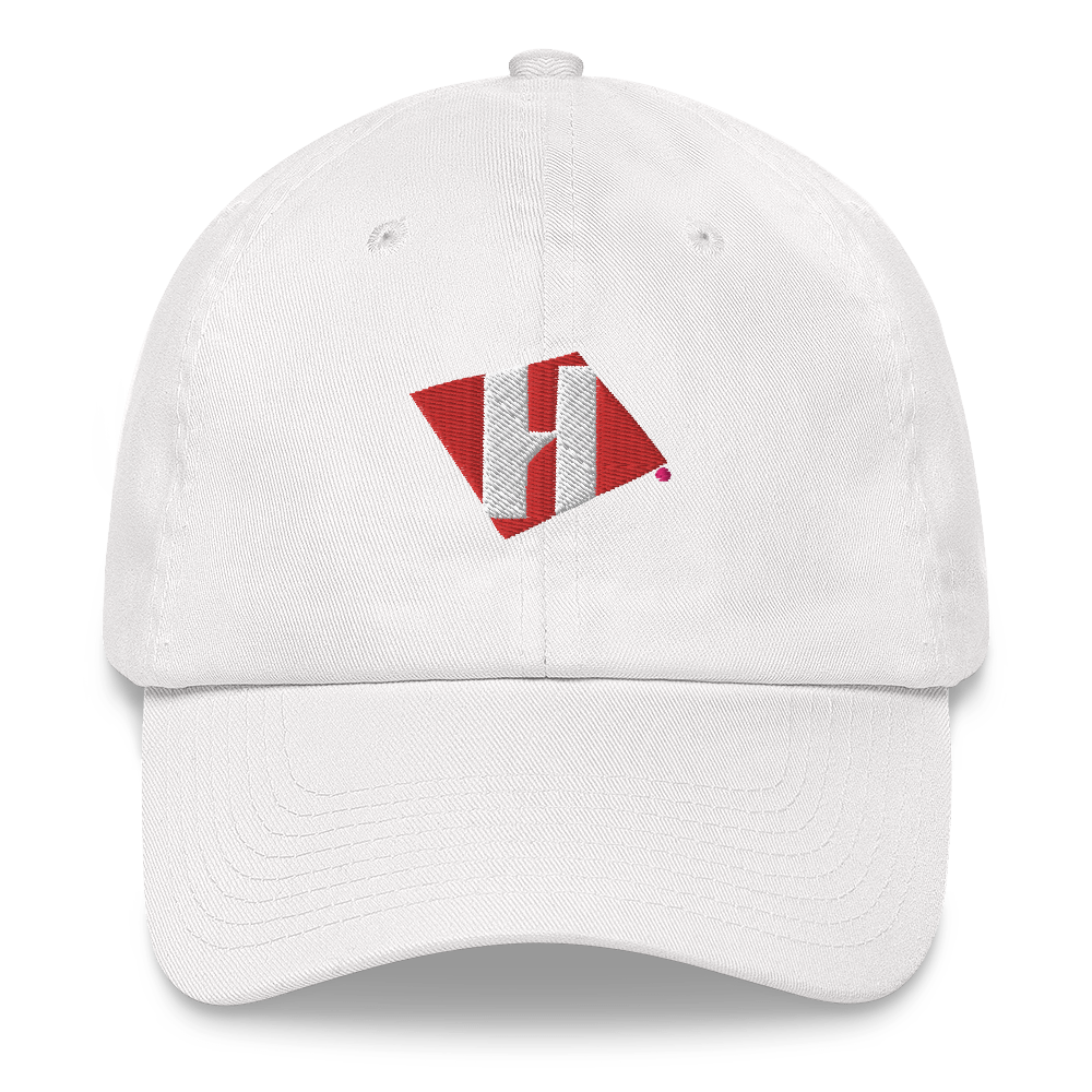 Dad hat with color H logo on front and red text logo on back