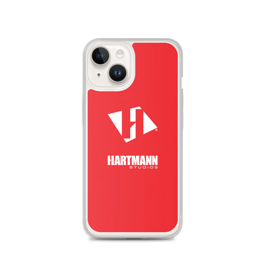 iPhone case w/stacked white logo on red background