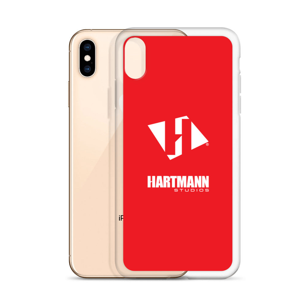 iPhone case w/stacked white logo on red background