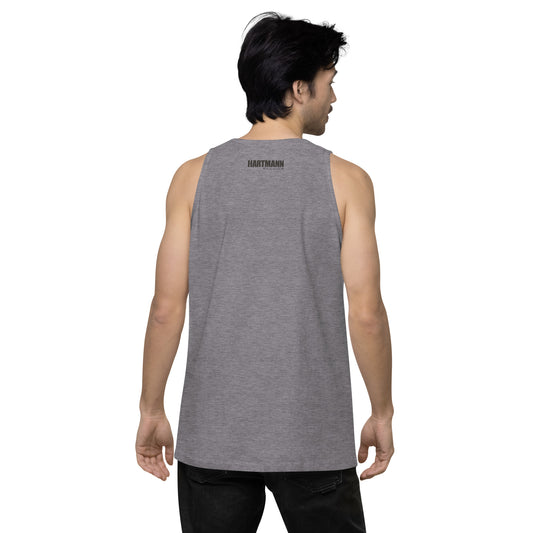 Men’s premium tank top w/printed black H logo on front and black text logo on back