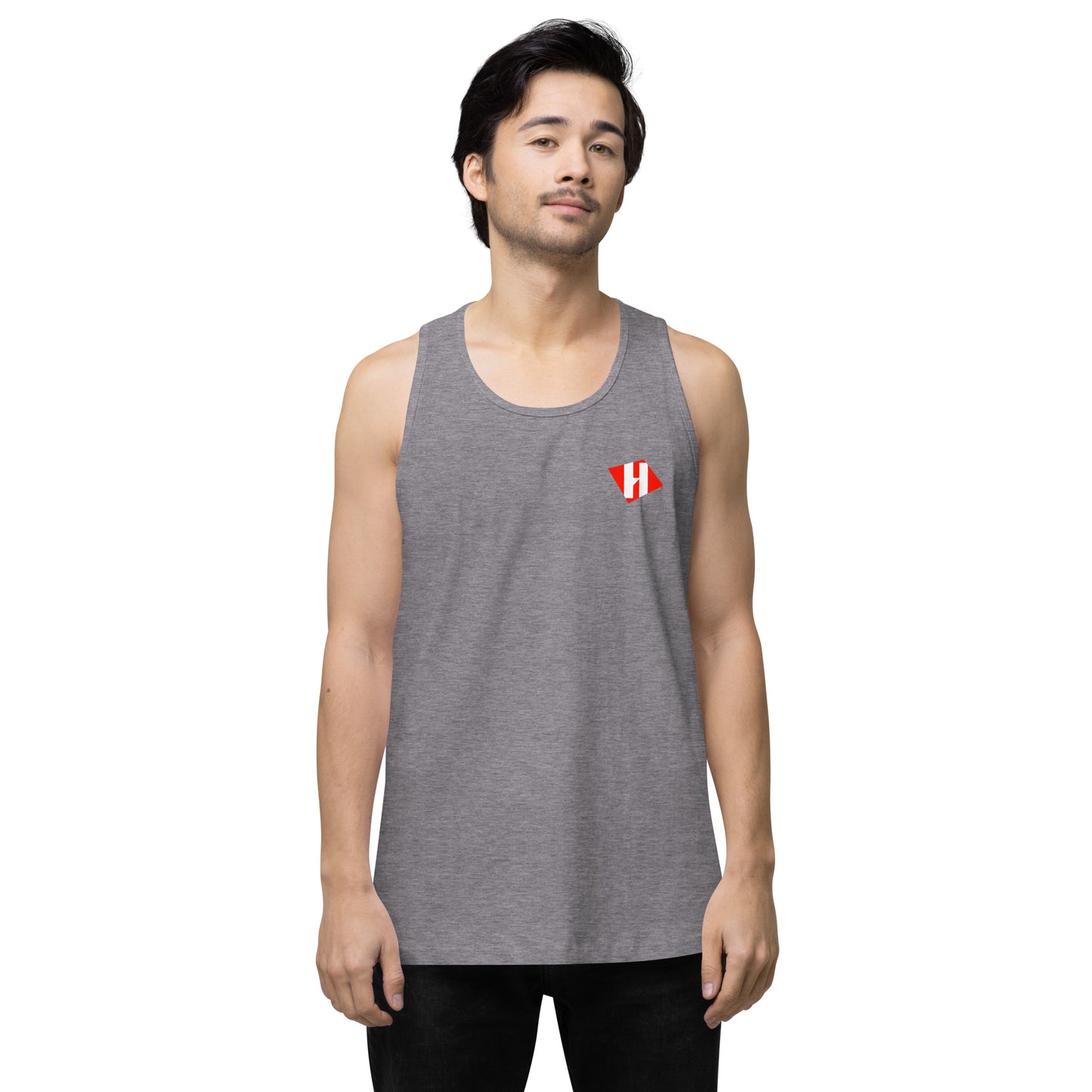 Men’s premium tank top w/printed color H logo on front and black text logo on back