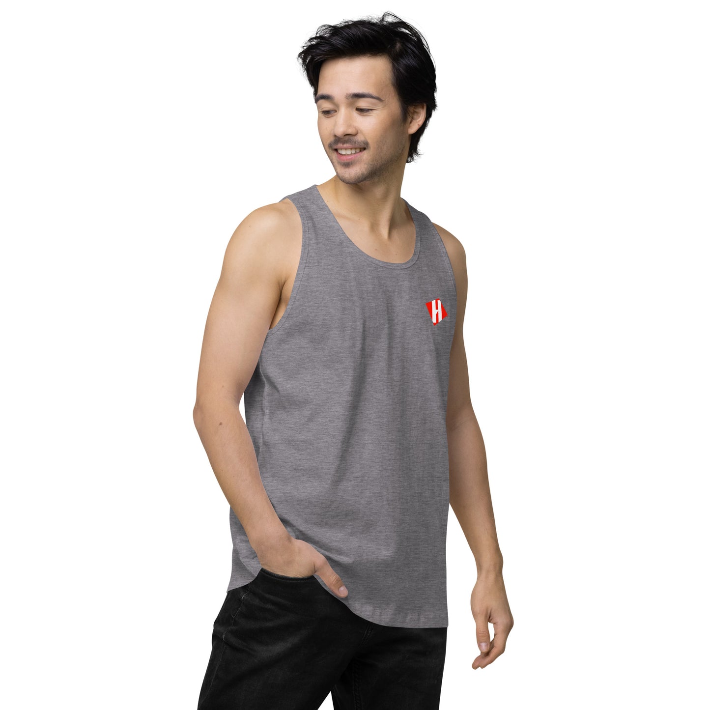 Men’s premium tank top w/printed color H logo on front and black text logo on back