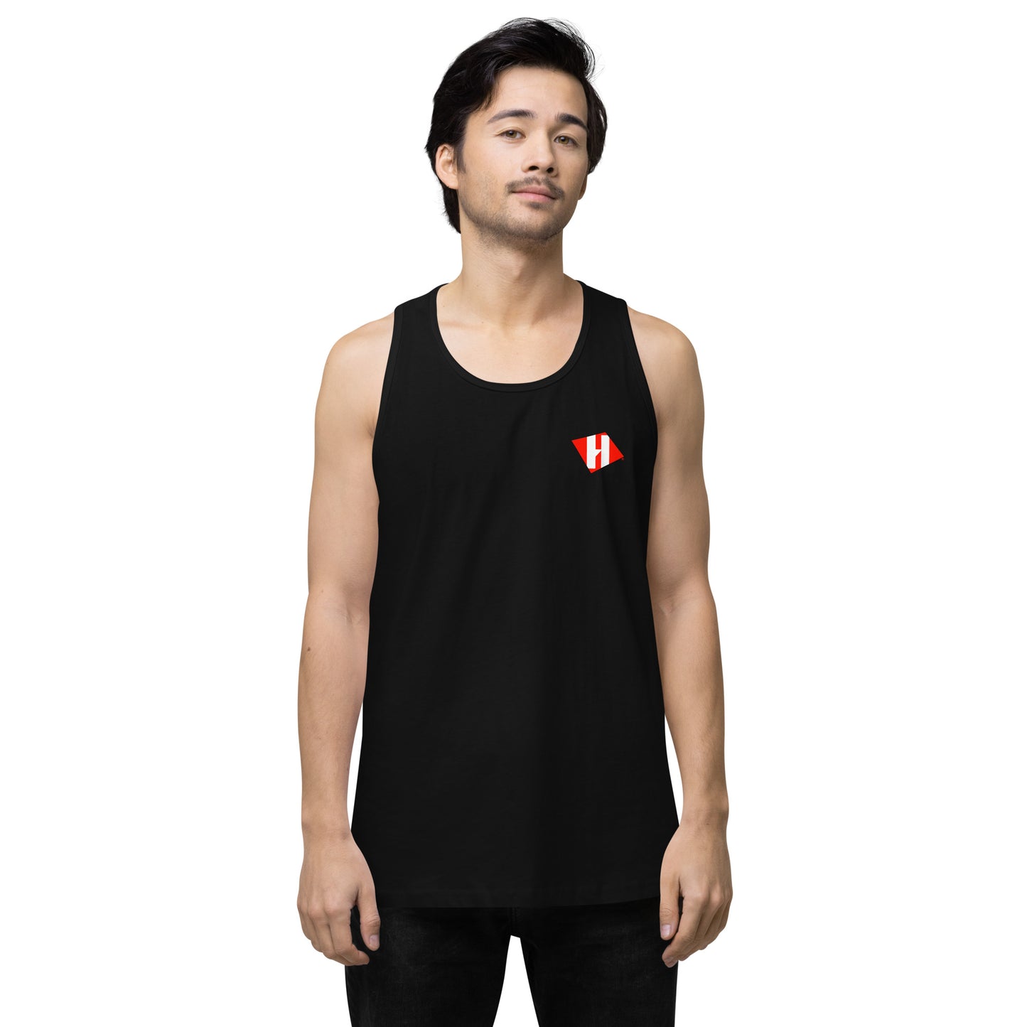 Men’s premium tank top w/printed color logo on front and white text logo on back