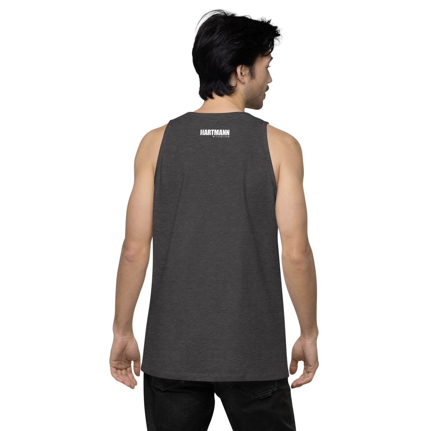 Men’s premium tank top w/printed color logo on front and white text logo on back