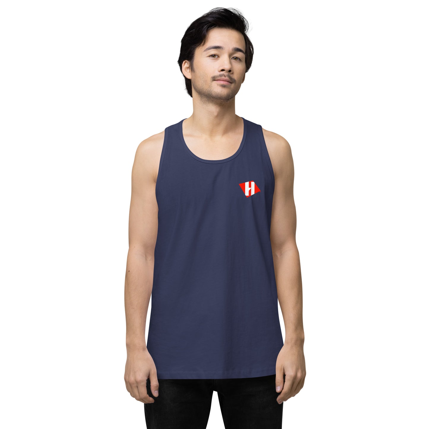 Men’s premium tank top w/printed color logo on front and white text logo on back