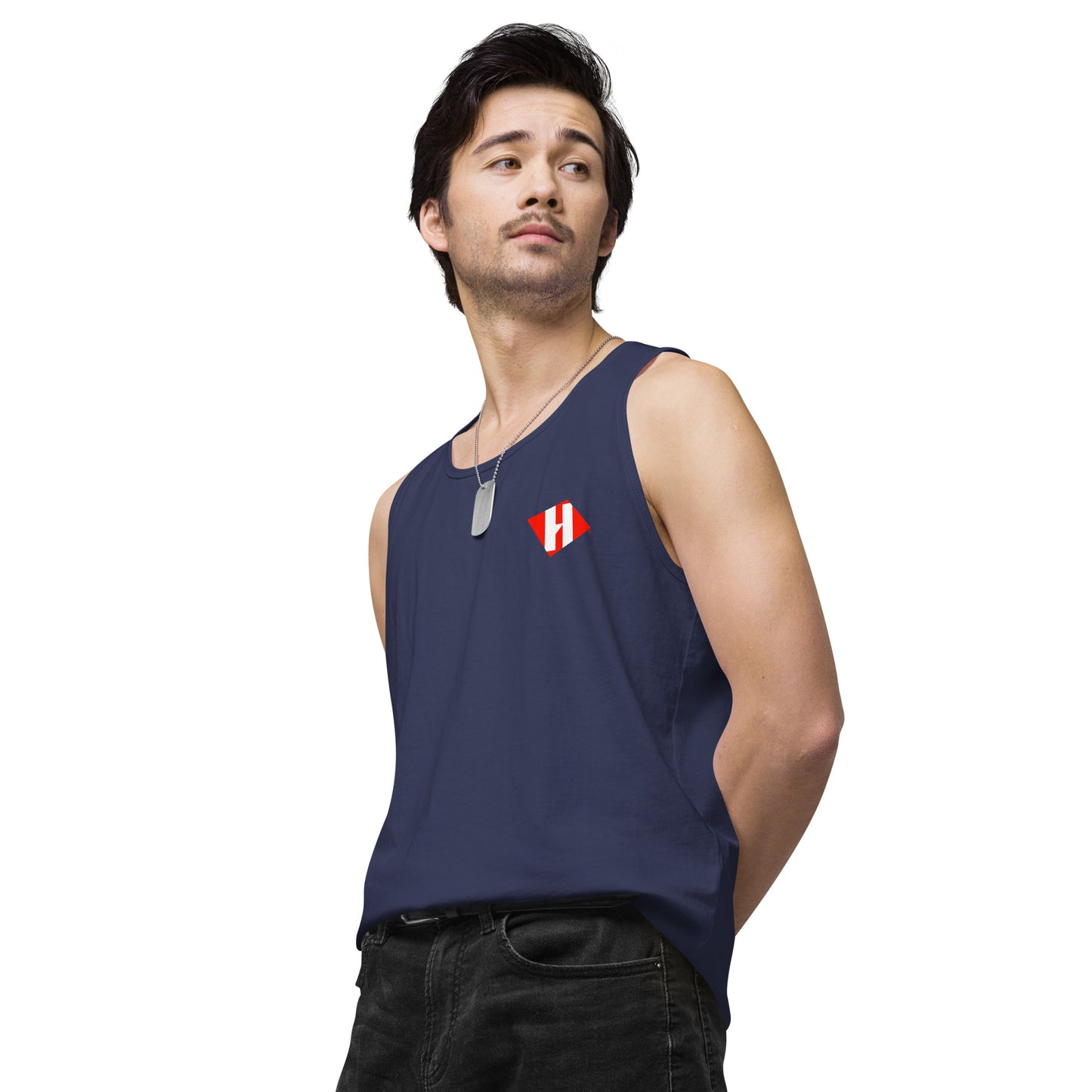 Men’s premium tank top w/printed color logo on front and white text logo on back