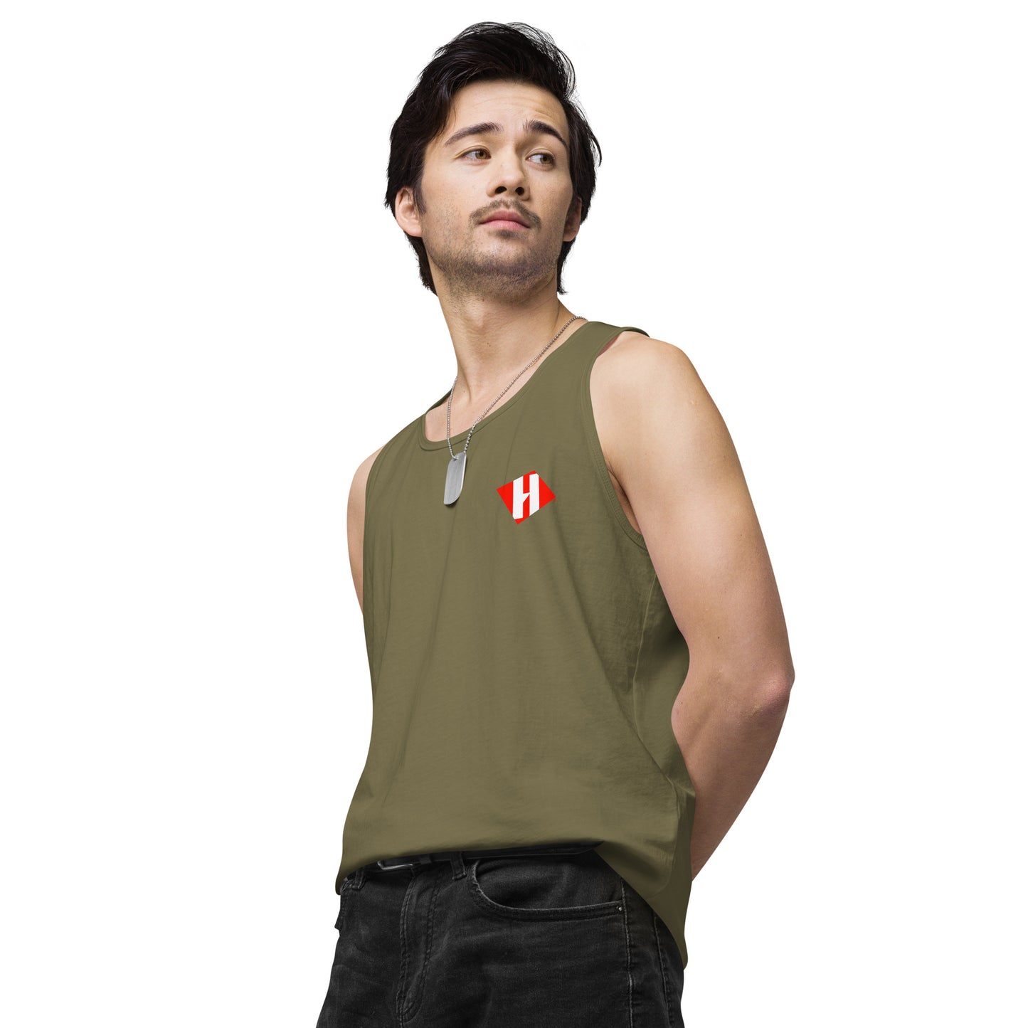Men’s premium tank top w/printed color logo on front and white text logo on back