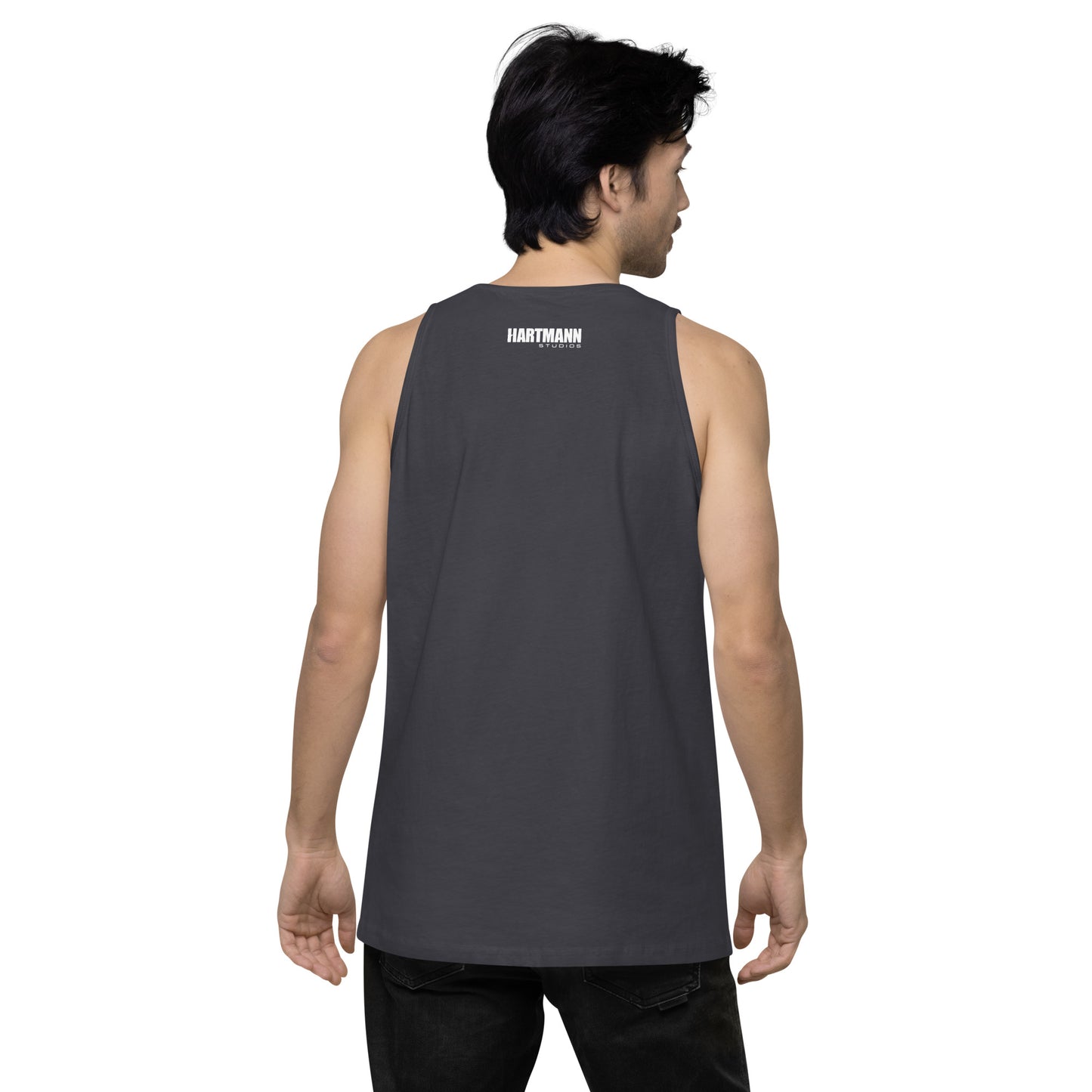 Men’s premium tank top w/printed color logo on front and white text logo on back