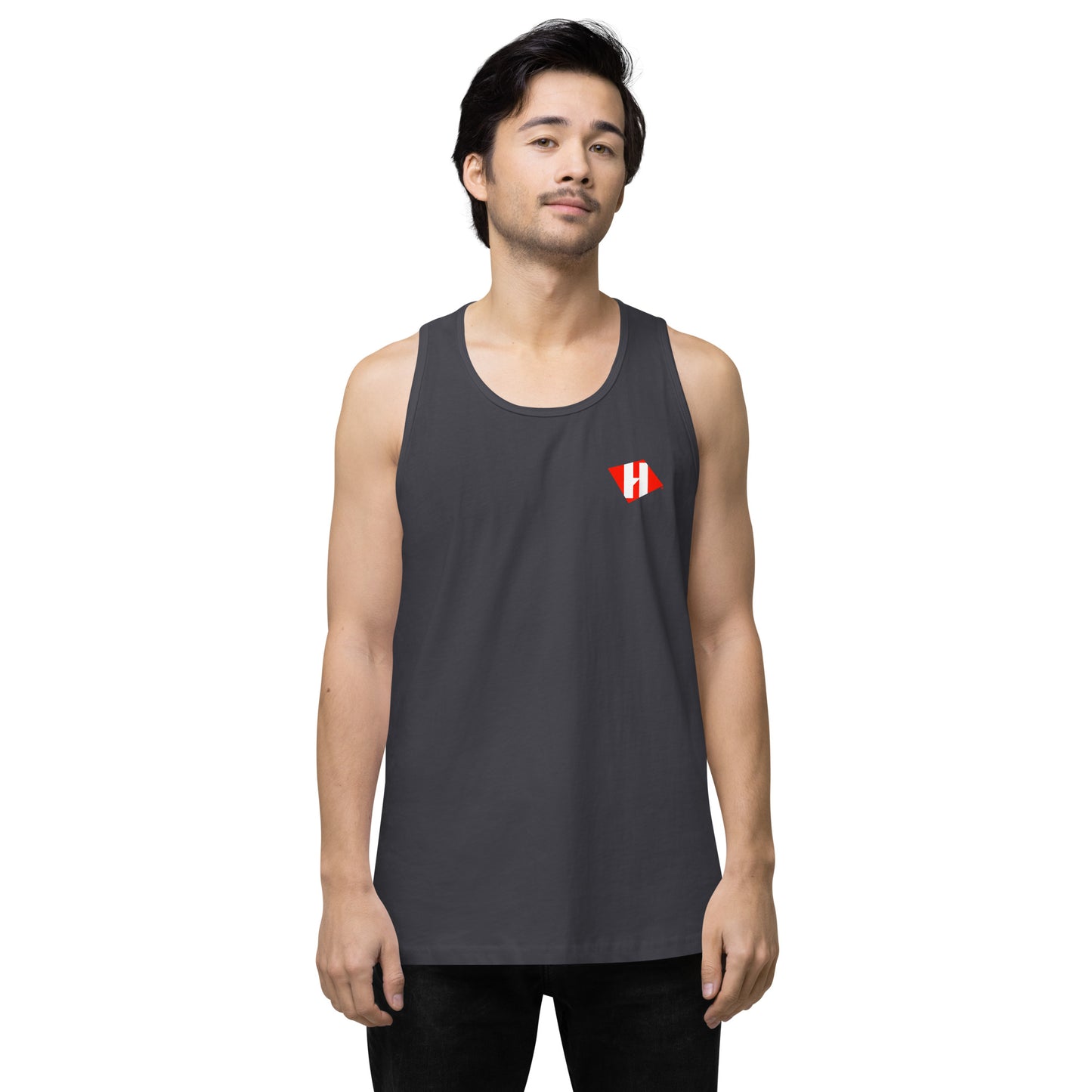 Men’s premium tank top w/printed color logo on front and white text logo on back