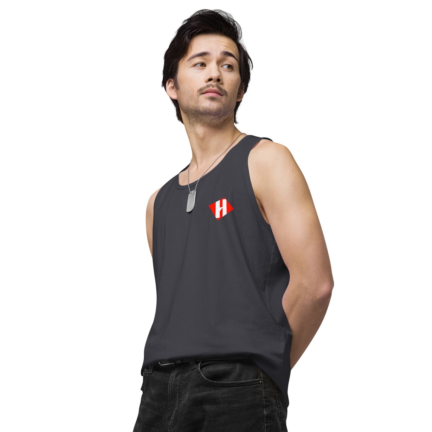 Men’s premium tank top w/printed color logo on front and white text logo on back
