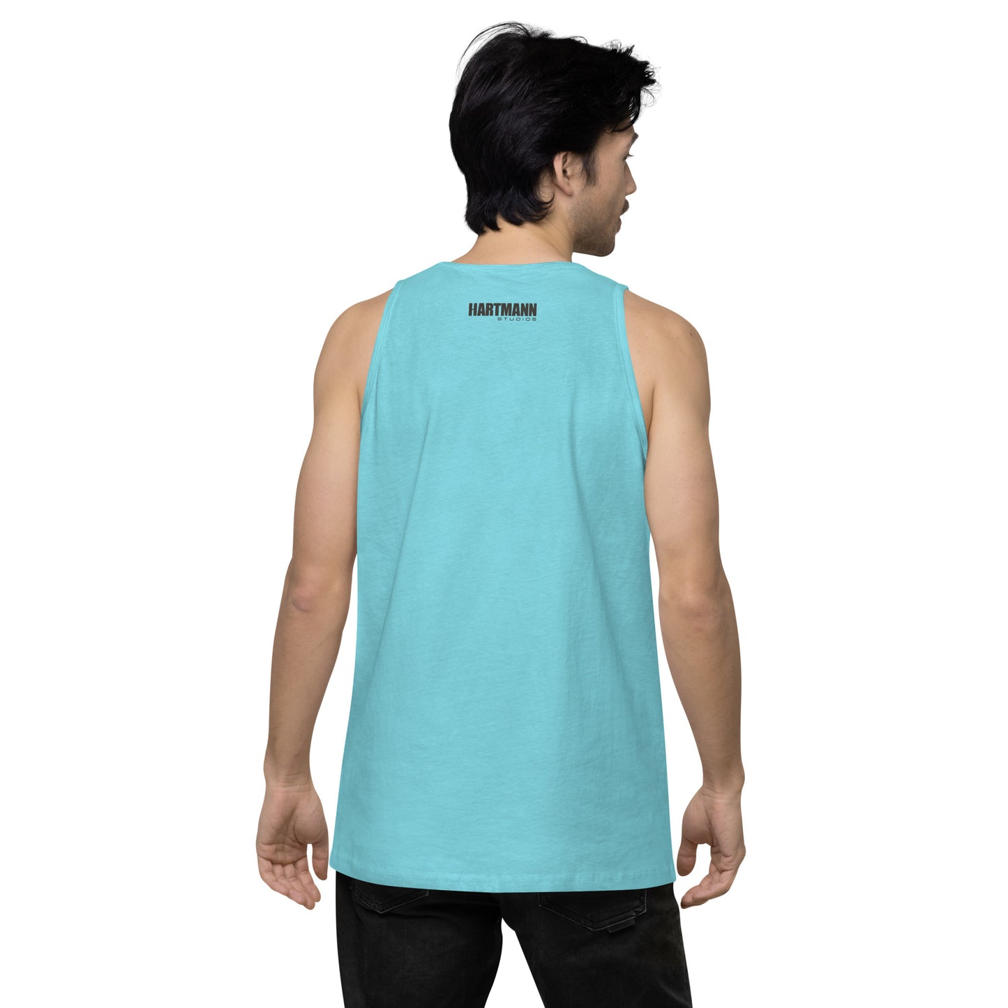 Men’s premium tank top w/printed color H logo on front and black text logo on back
