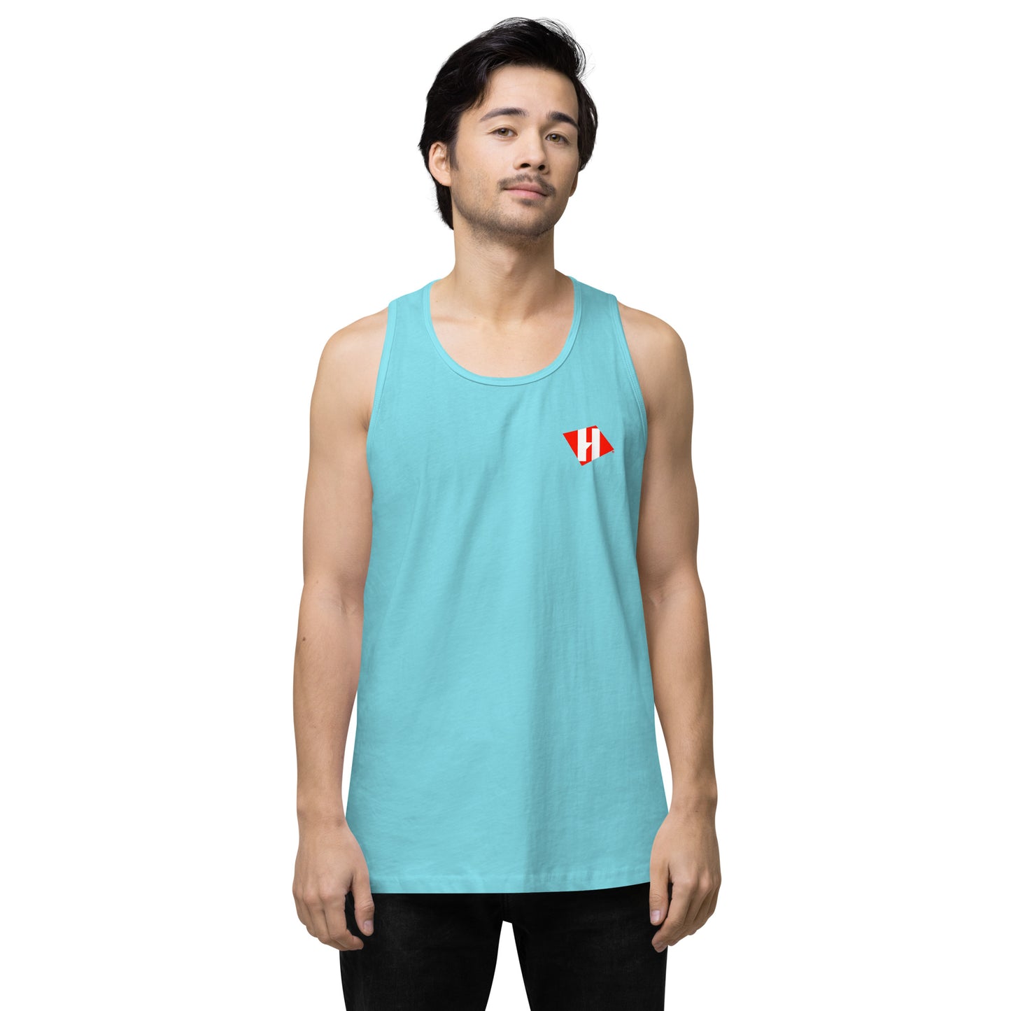 Men’s premium tank top w/printed color H logo on front and black text logo on back