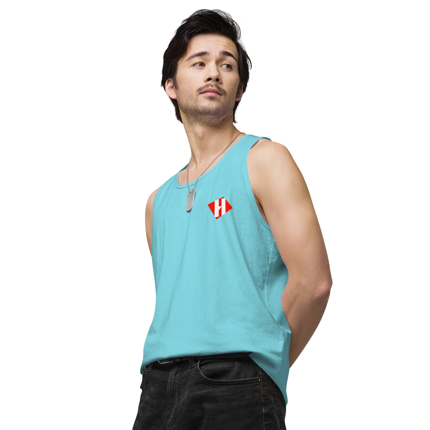 Men’s premium tank top w/printed color H logo on front and black text logo on back