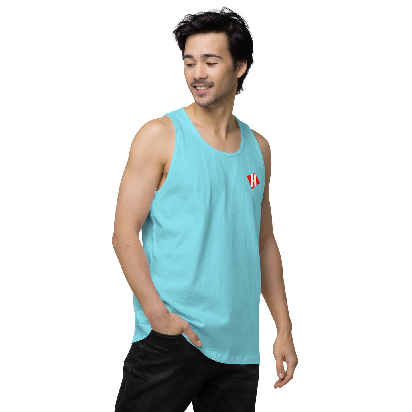 Men’s premium tank top w/printed color H logo on front and black text logo on back