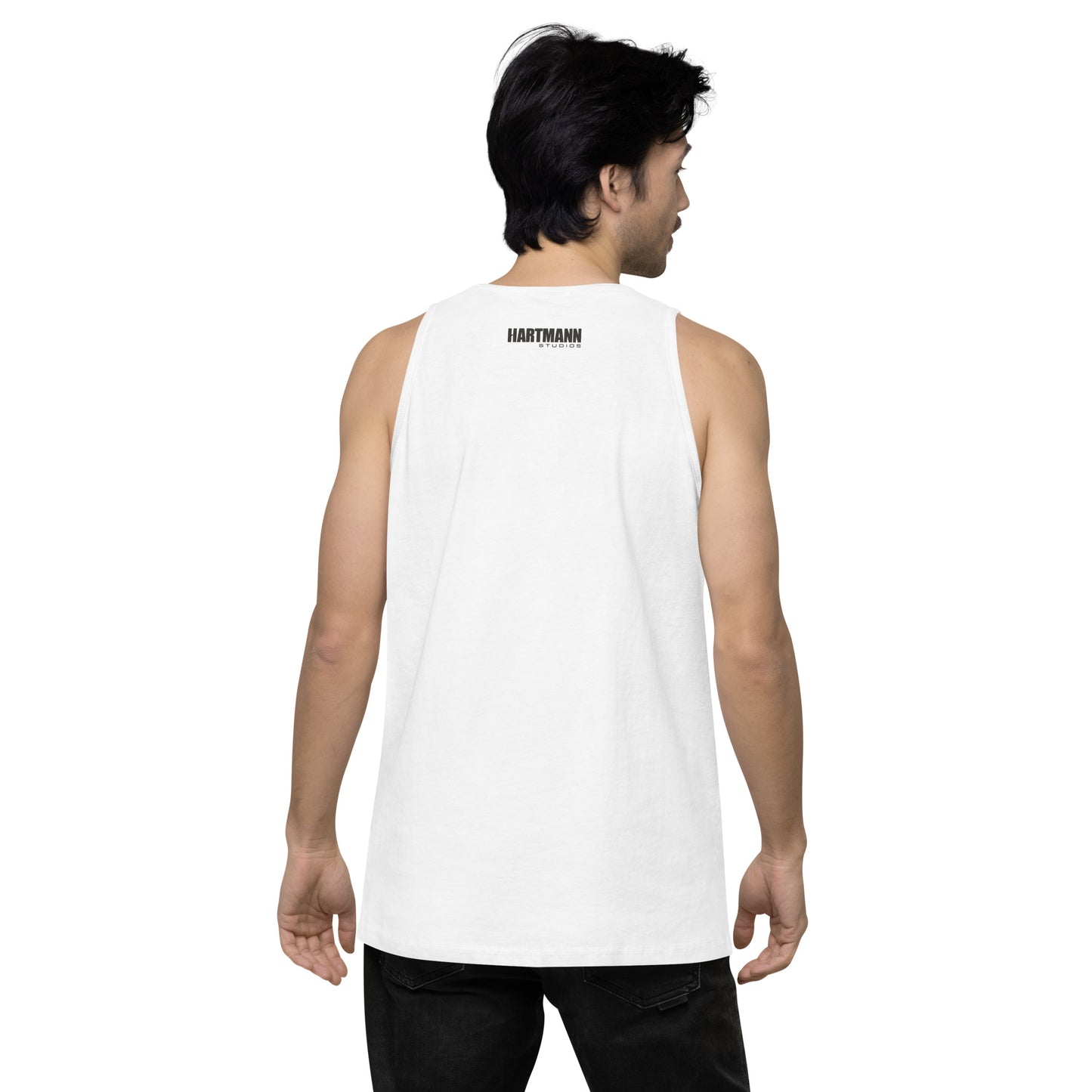 Men’s premium tank top w/printed color H logo on front and black text logo on back