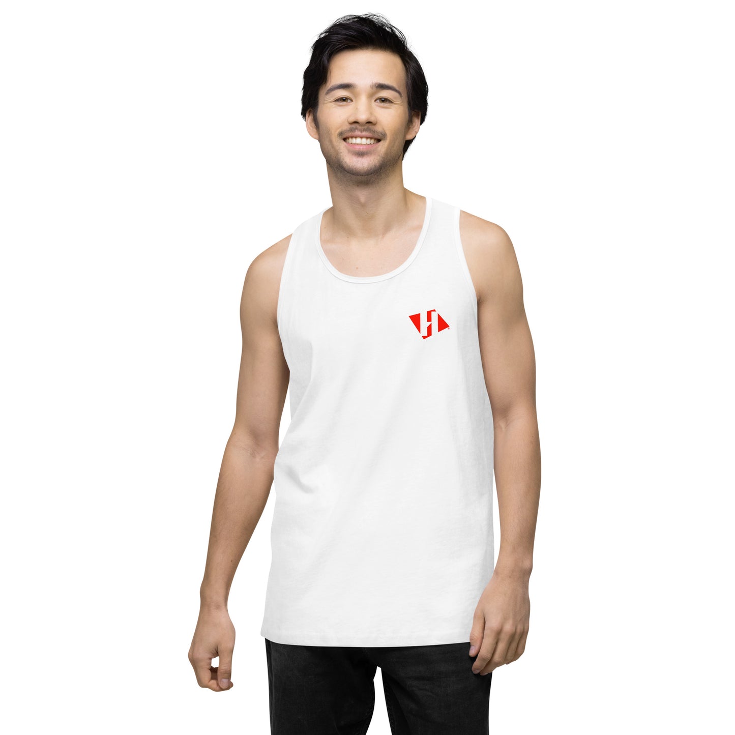 Men’s premium tank top w/printed color H logo on front and black text logo on back