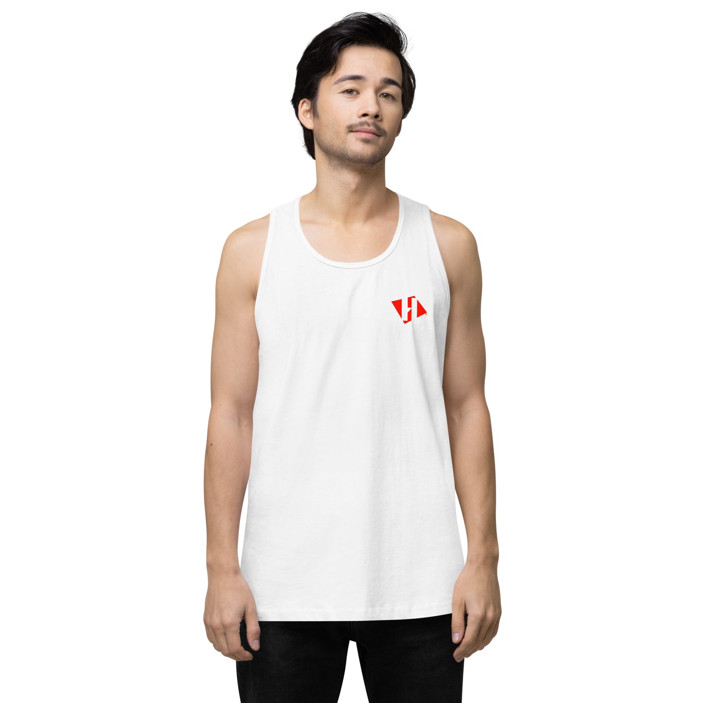 Men’s premium tank top w/printed color H logo on front and black text logo on back
