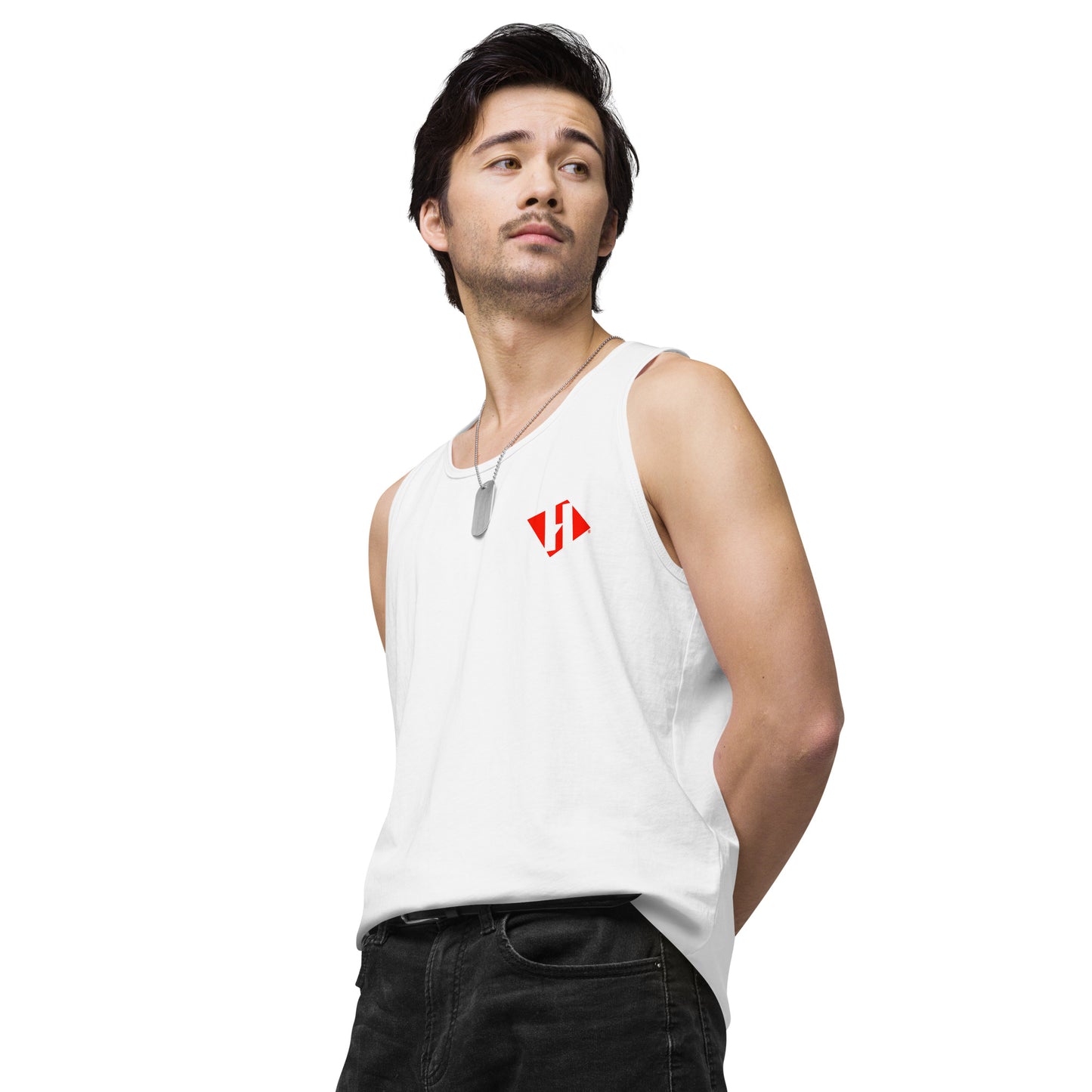 Men’s premium tank top w/printed color H logo on front and black text logo on back