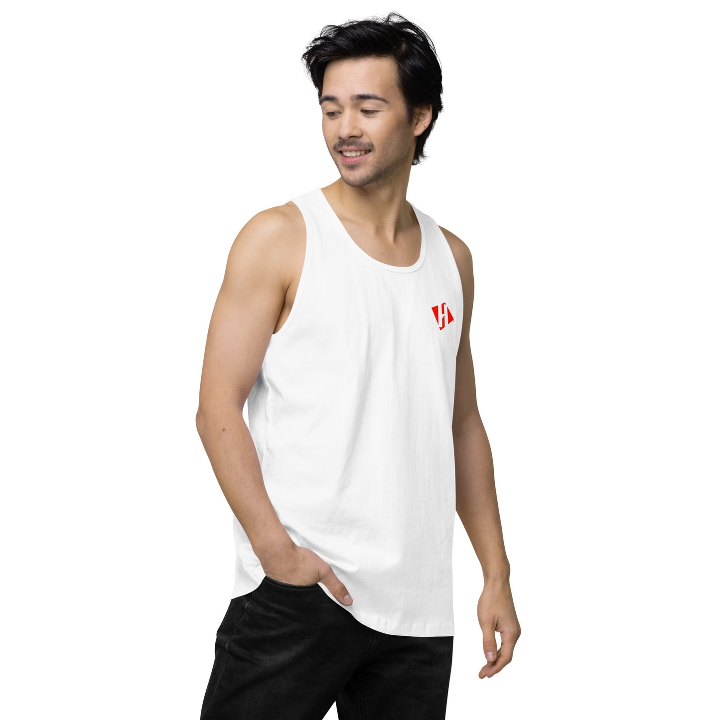 Men’s premium tank top w/printed color H logo on front and black text logo on back