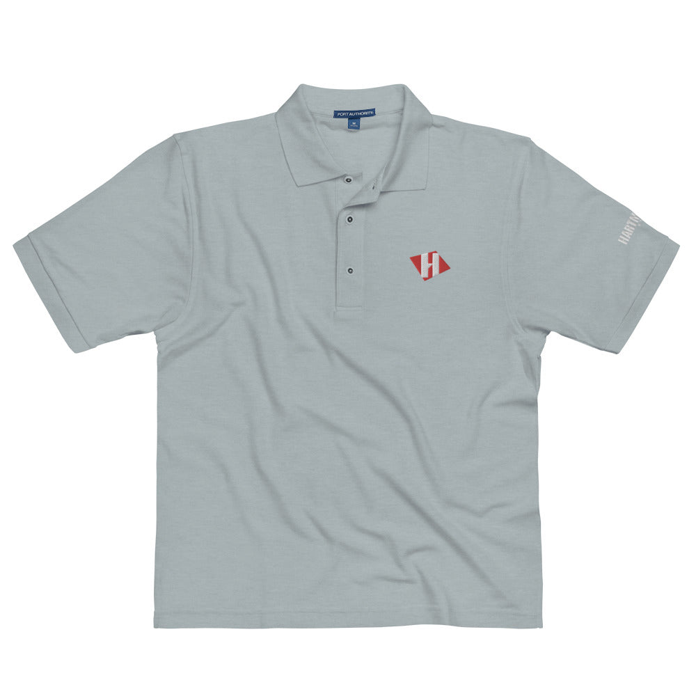 Men's Premium Polo with color H logo and white text on sleeve