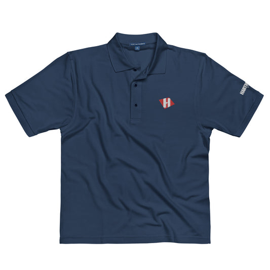 Men's Premium Polo with color H logo and white text on sleeve