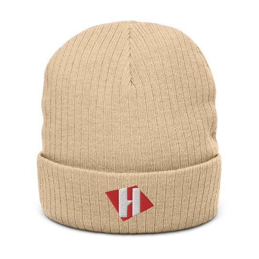 Ribbed knit beanie w/embroidered color H logo