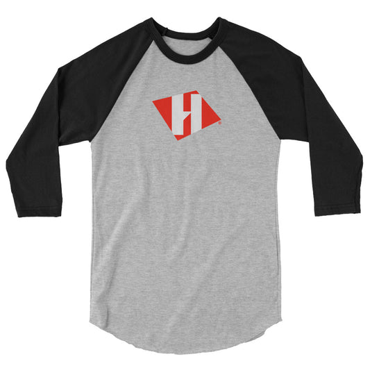 3/4 sleeve raglan shirt with color H logo on front and black text logo on back