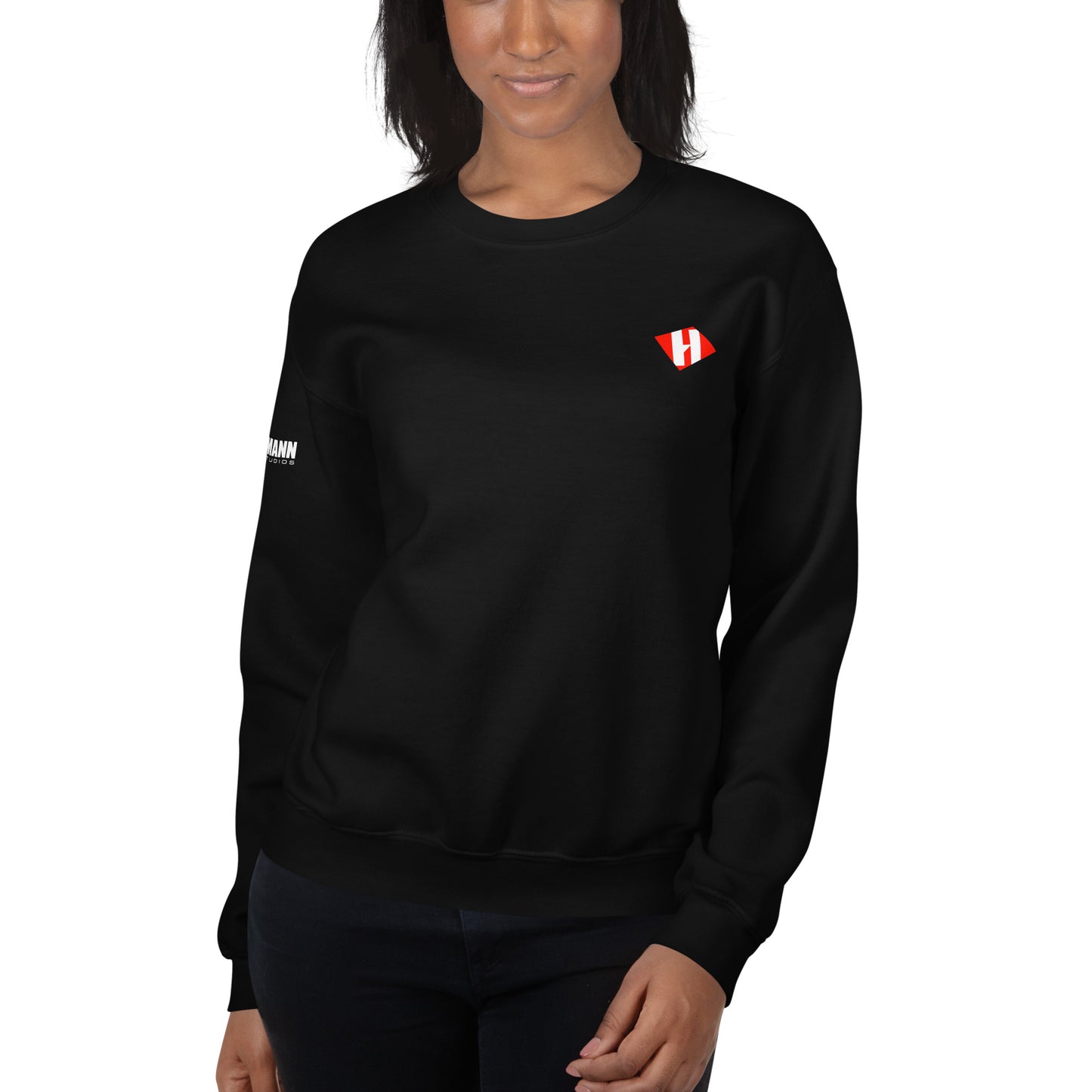 Unisex sweatshirt w/printed color H logo on front & white text logo on right sleeve