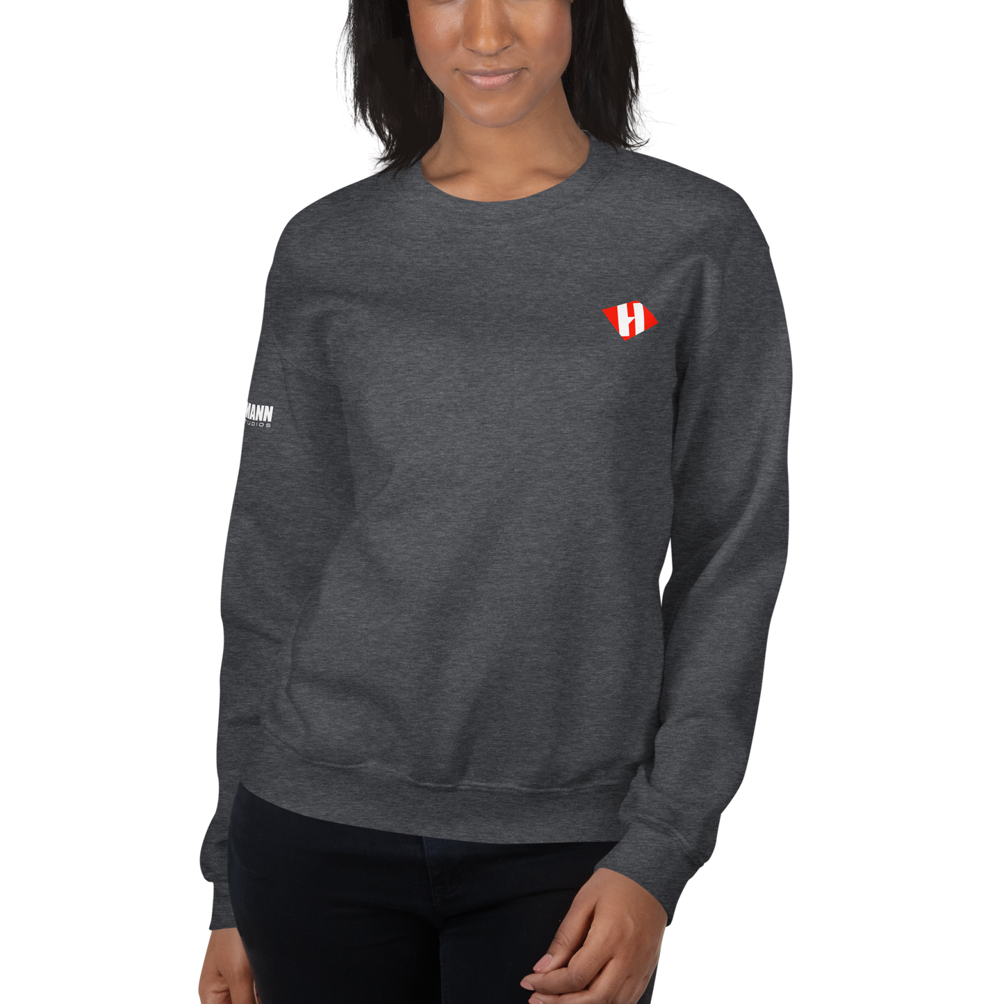Unisex sweatshirt w/printed color H logo on front & white text logo on right sleeve