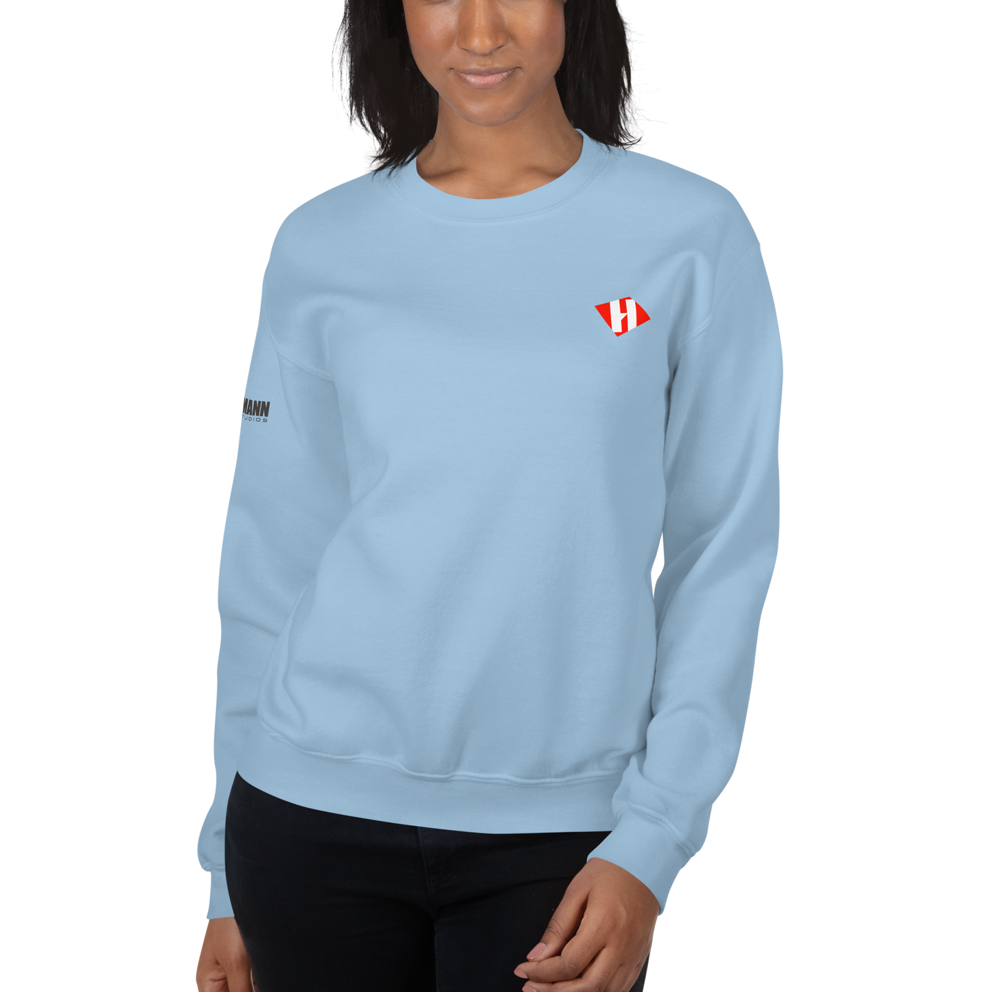 Unisex sweatshirt w/printed color H logo on front & grey text logo on right sleeve