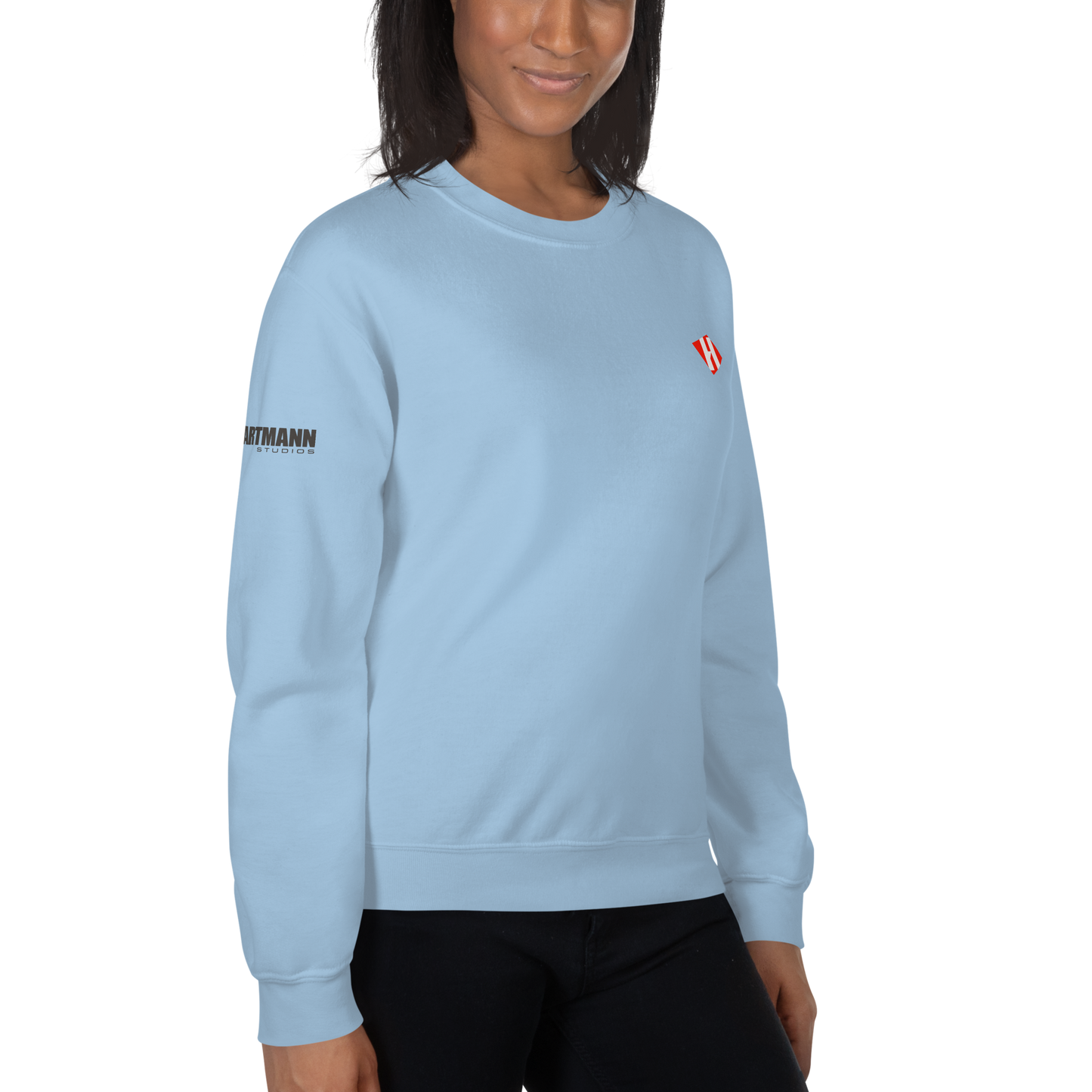 Unisex sweatshirt w/printed color H logo on front & grey text logo on right sleeve