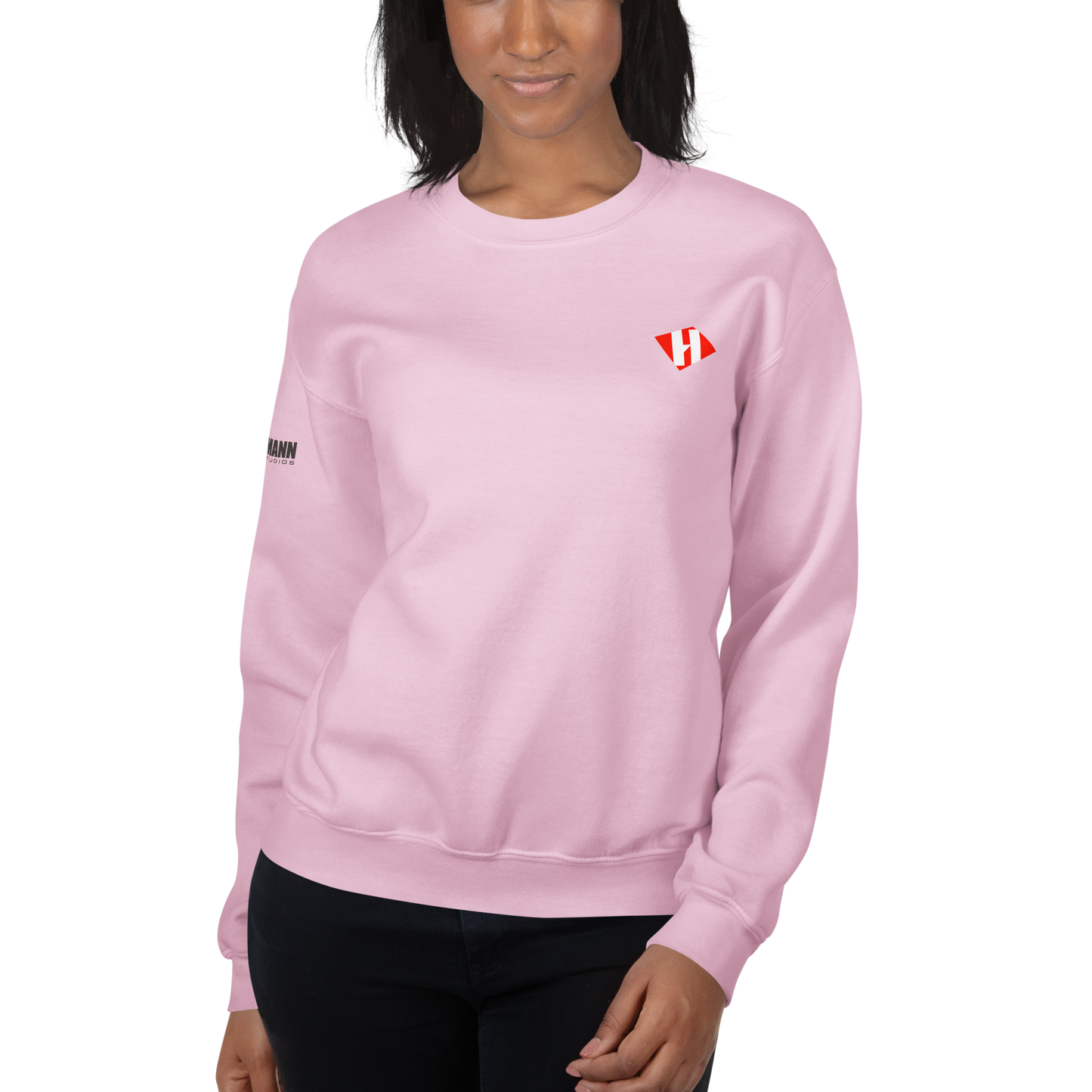 Unisex sweatshirt w/printed color H logo on front & grey text logo on right sleeve