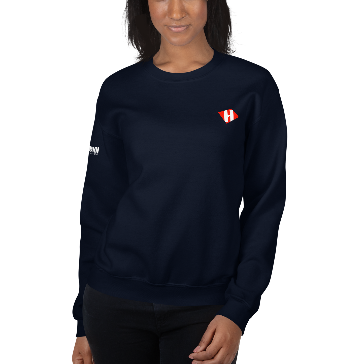 Unisex sweatshirt w/printed color H logo on front & white text logo on right sleeve