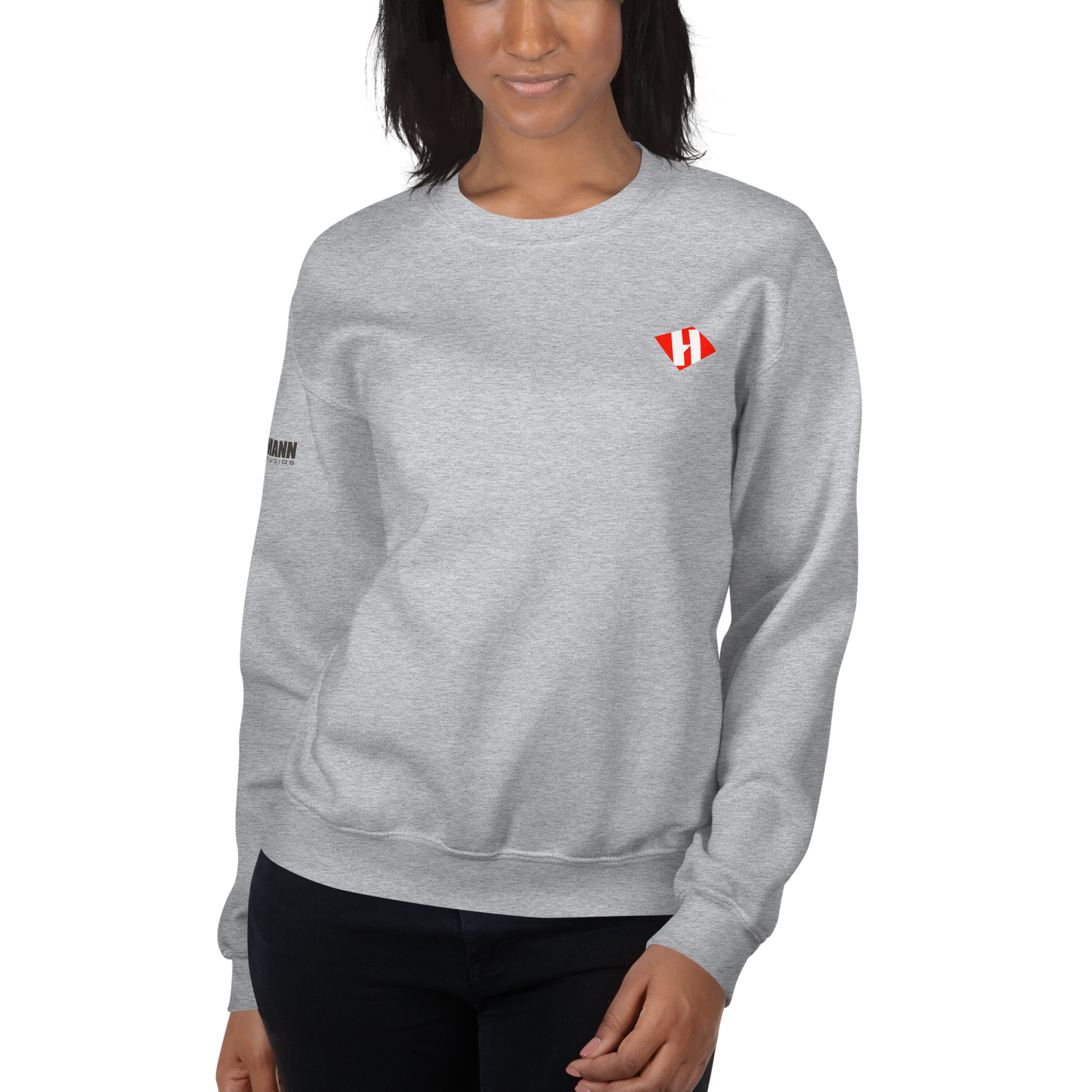 Unisex sweatshirt w/printed color H logo on front & grey text logo on right sleeve