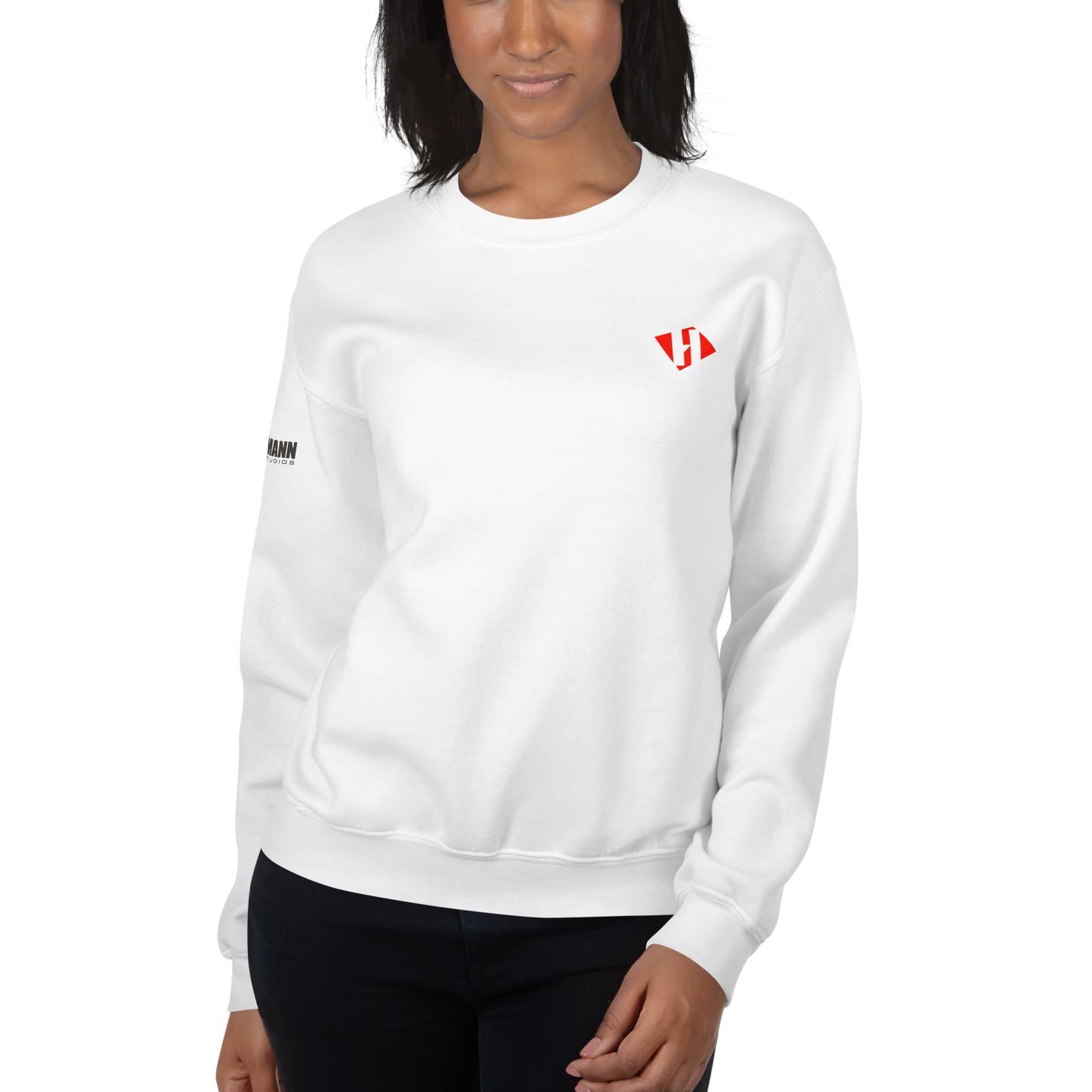 Unisex sweatshirt w/printed color H logo on front & grey text logo on right sleeve