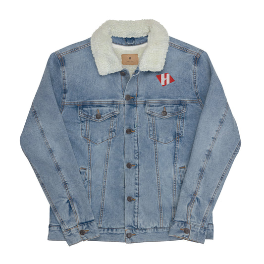 Unisex denim sherpa jacket w/embroidered color H logo