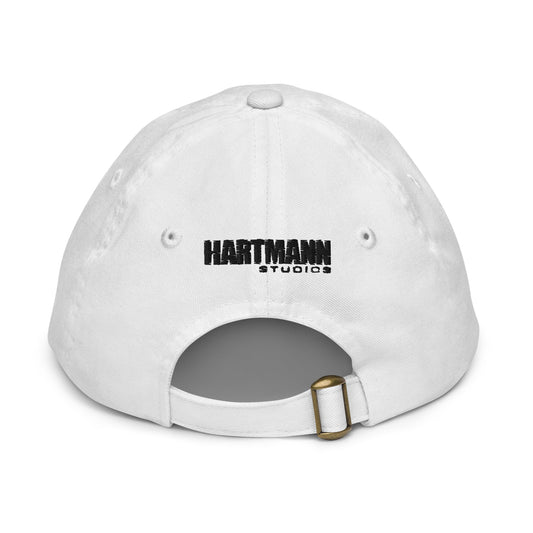 Youth baseball cap with color H logo on front and black text logo on back