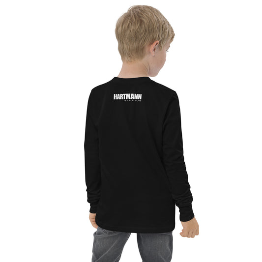 Youth long sleeve tee with color H logo on front and white text logo on back