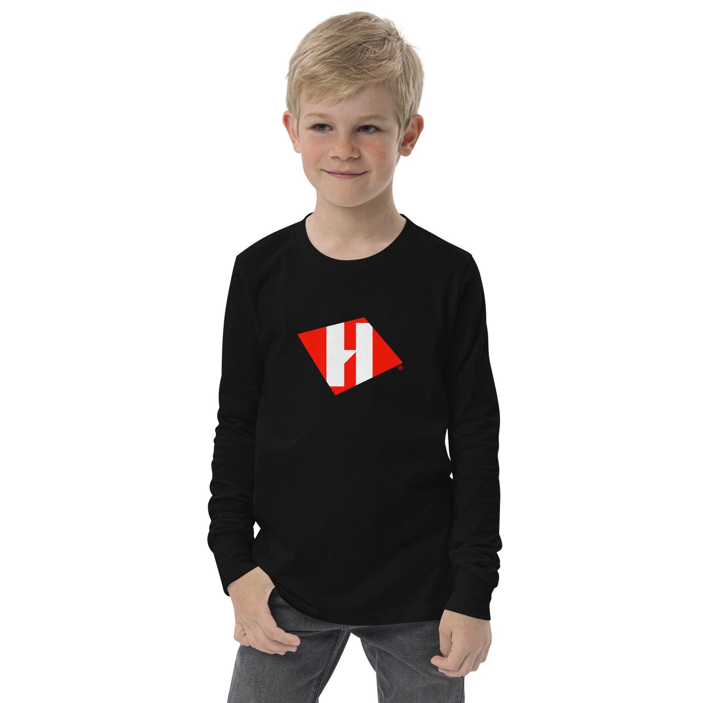 Youth long sleeve tee with color H logo on front and white text logo on back