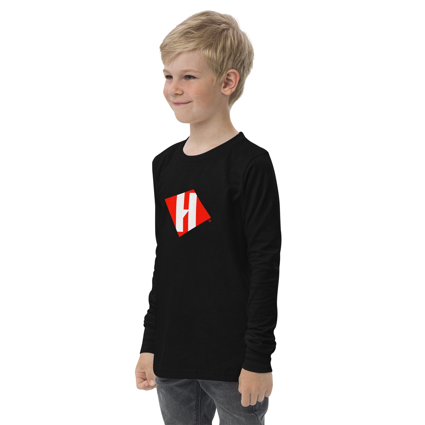 Youth long sleeve tee with color H logo on front and white text logo on back