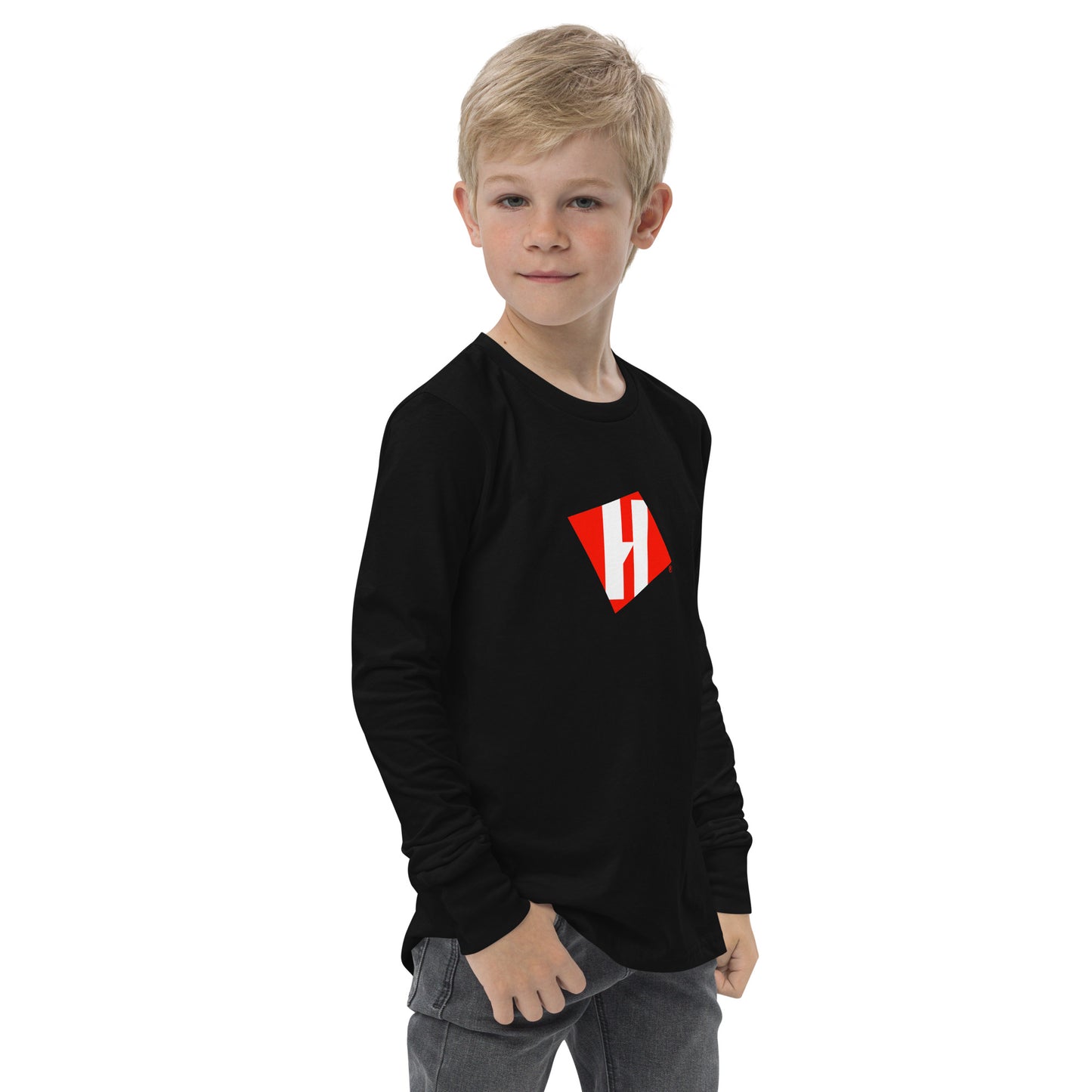 Youth long sleeve tee with color H logo on front and white text logo on back