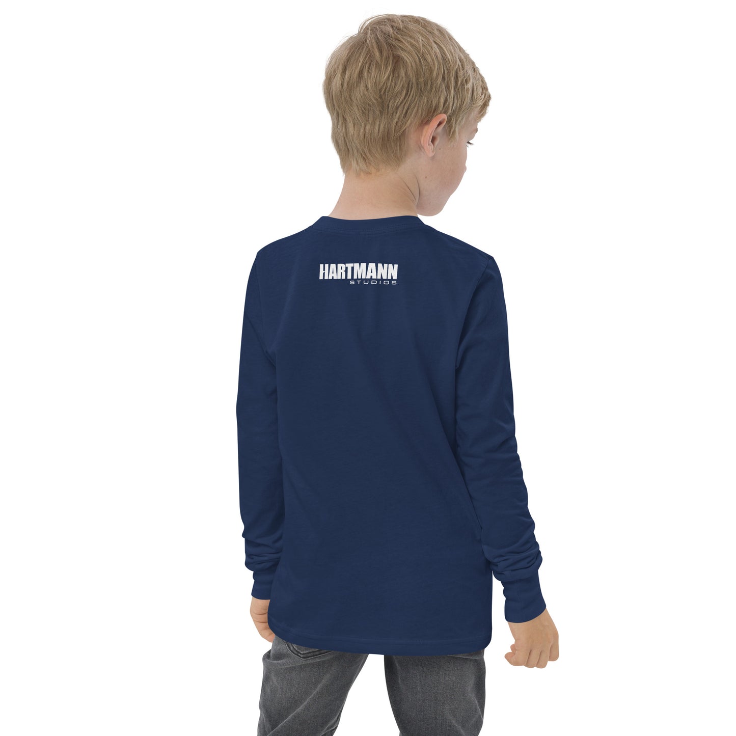 Youth long sleeve tee with color H logo on front and white text logo on back