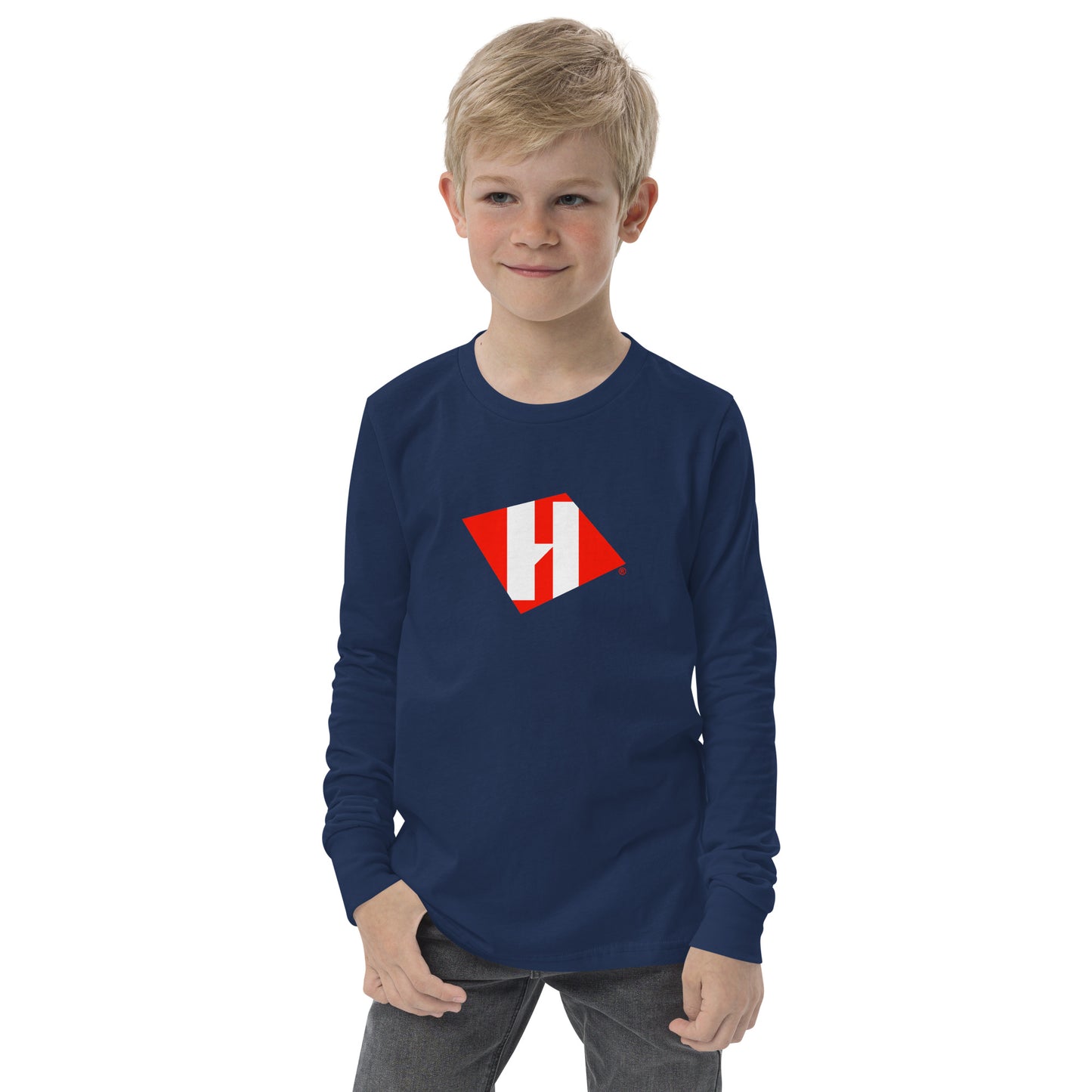Youth long sleeve tee with color H logo on front and white text logo on back