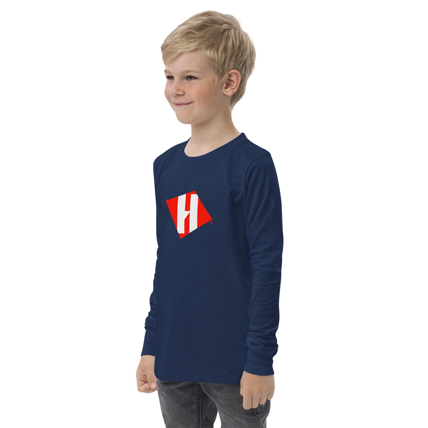 Youth long sleeve tee with color H logo on front and white text logo on back